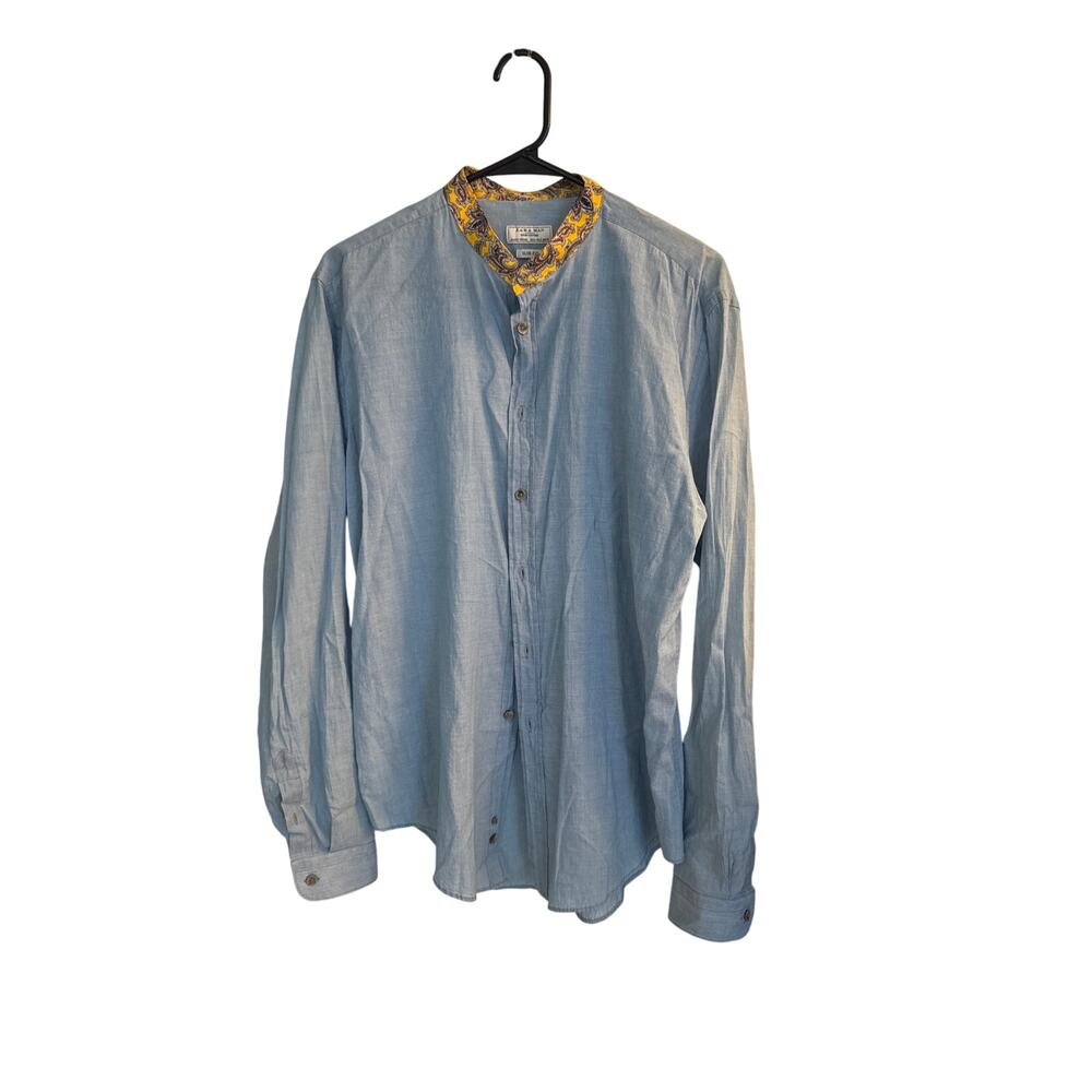 Zara Man Shirt Men's L Blue Paisley Yellow Collar Long Sleeve Button Down